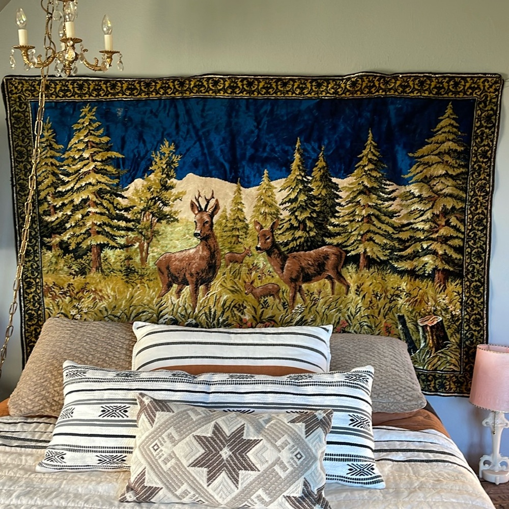 Vintage Velvet Italian Tapestry Rug Wall Hanging of Mountain Scene Buck & Deer